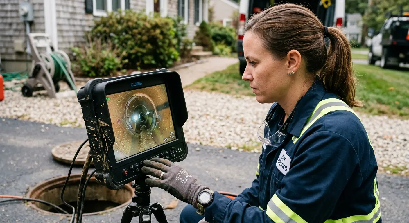 Technician reviewing sewer camera inspection footage in Canton